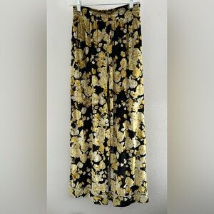 Sofia Intimates Wide-Leg Floral Velvet Pants in Black & Gold Size Small